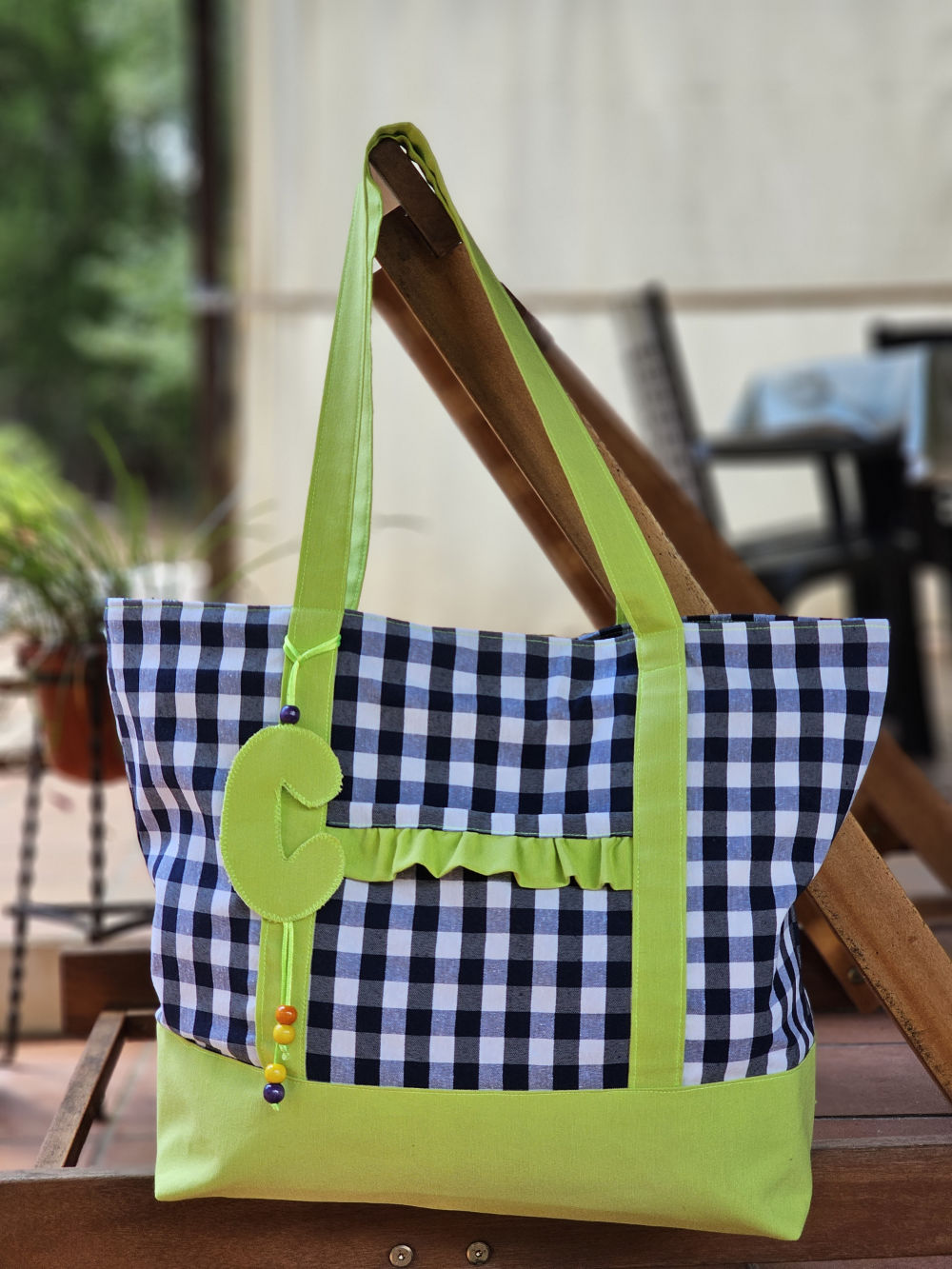 Bolsa XL para playa de loneta vichy fluor