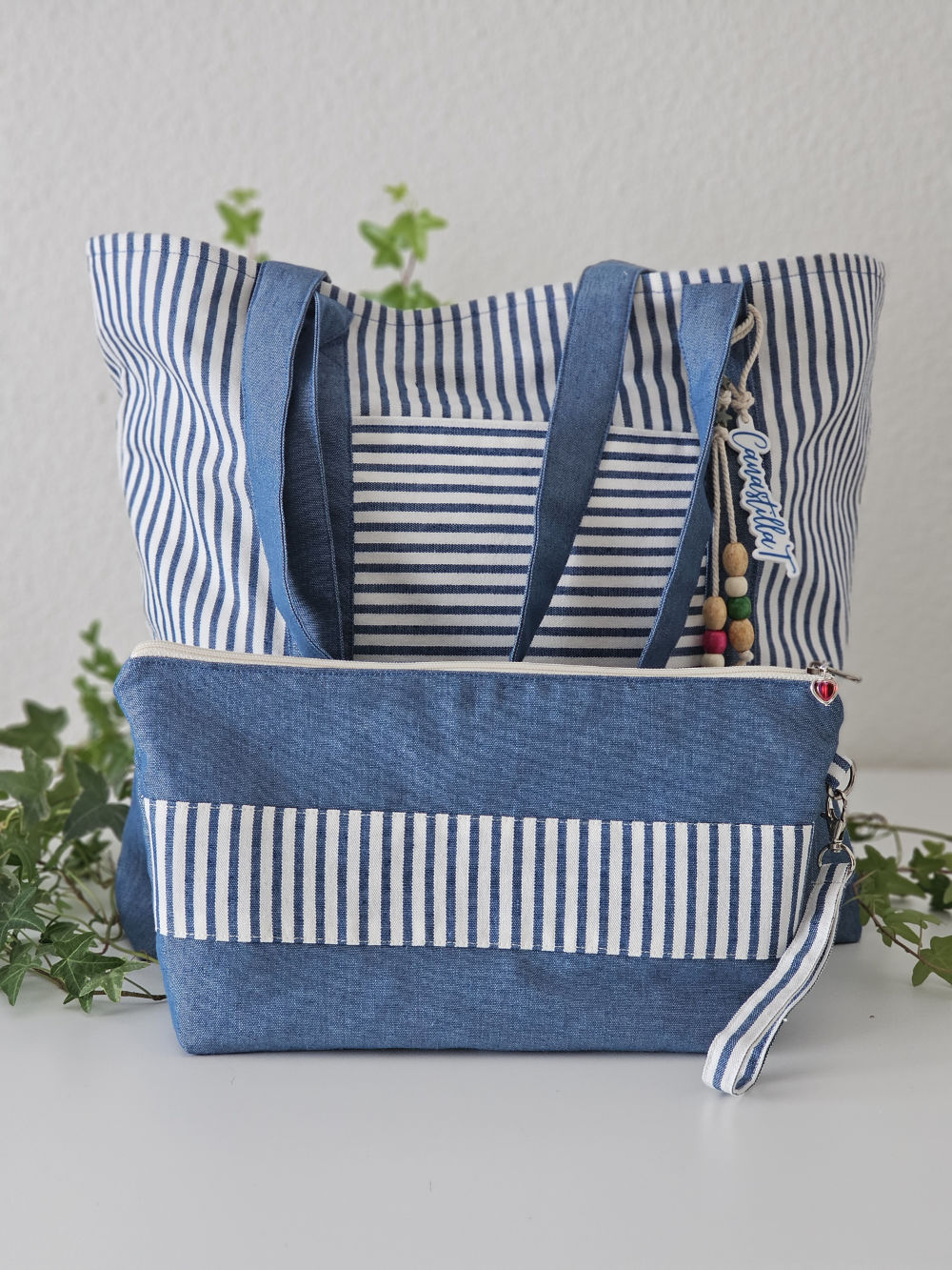 Neceser XL para playa de loneta a rayas