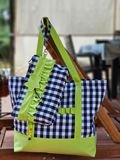 Bolsa XL para playa de loneta vichy fluor