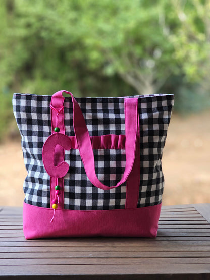 Bolsa XL para playa de loneta vichy fluor