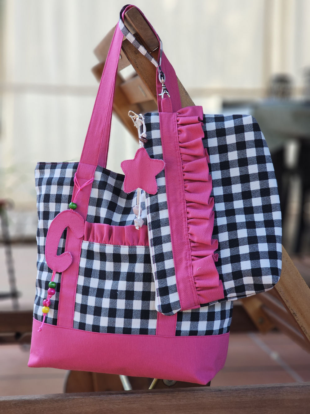 Bolsa XL para playa de loneta vichy fluor