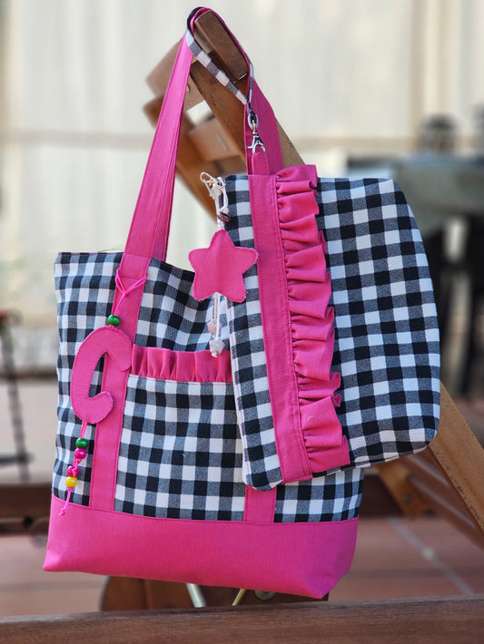 Bolsa XL para playa de loneta vichy fluor