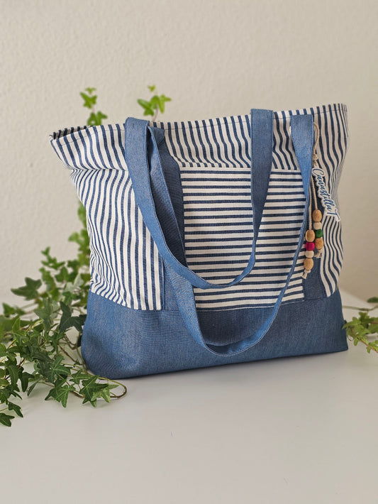 Bolsa XL para playa de loneta a rayas