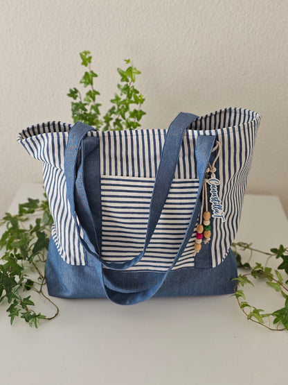 Bolsa XL para playa de loneta a rayas