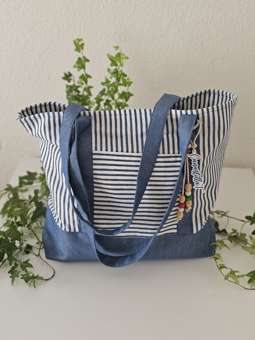 Bolsa XL para playa de loneta a rayas