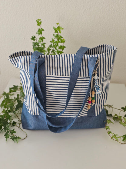 Bolsa XL para playa de loneta a rayas