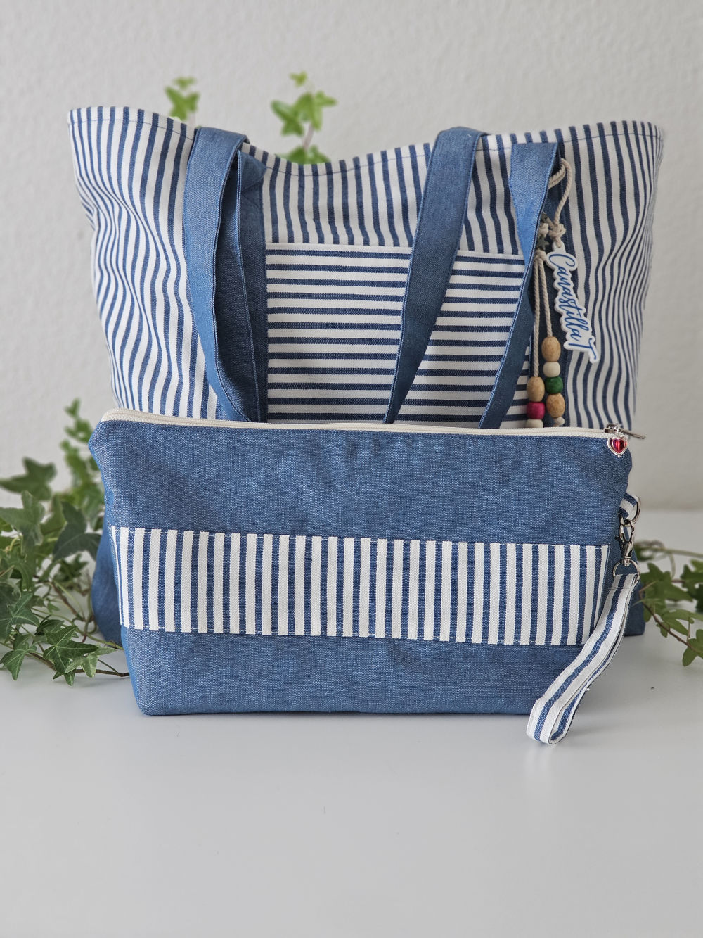 Bolsa XL para playa de loneta a rayas