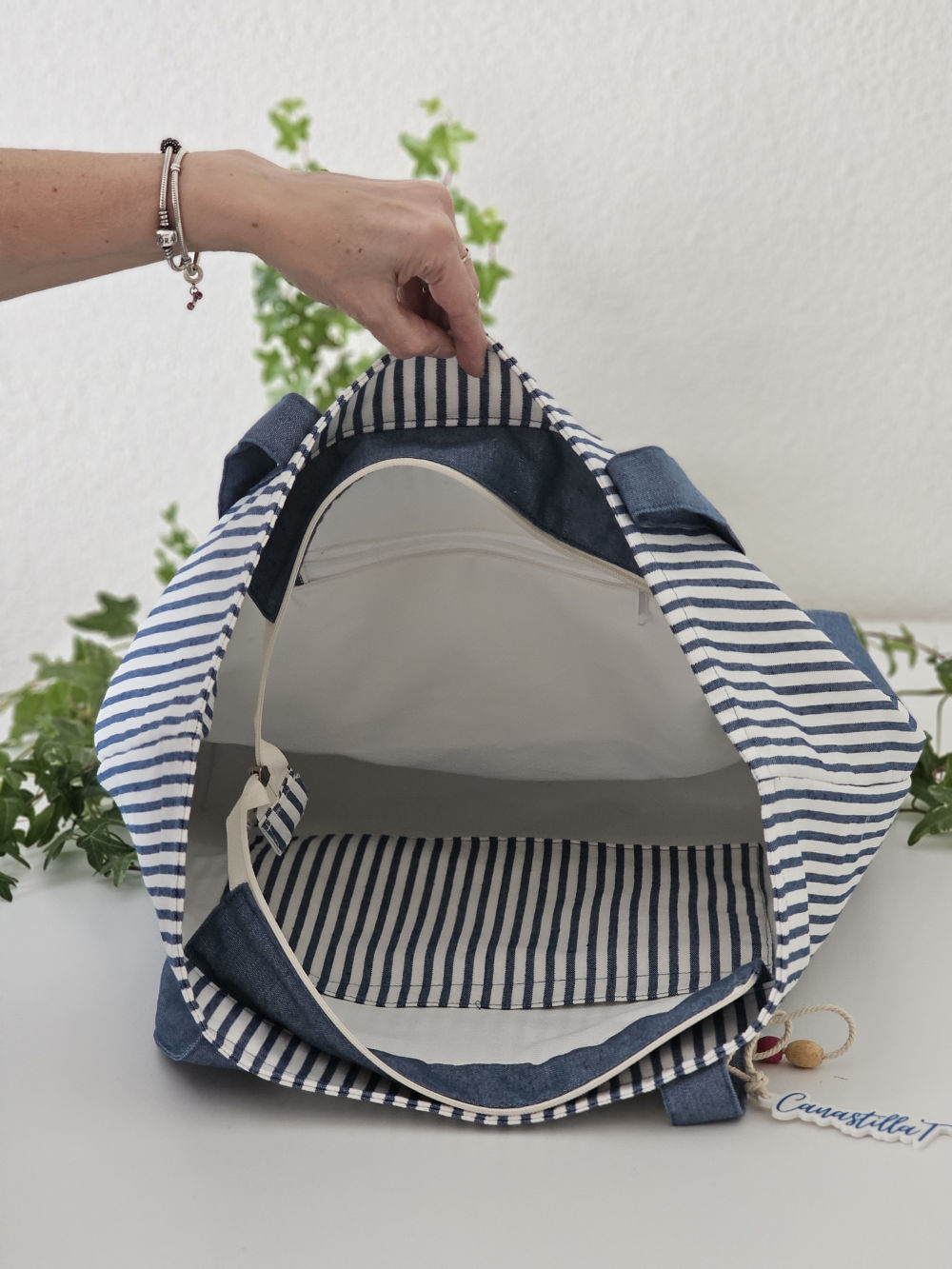 Bolsa XL para playa de loneta a rayas