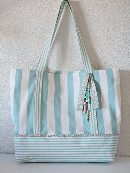 Bolsa XL para playa de loneta rayas y floral