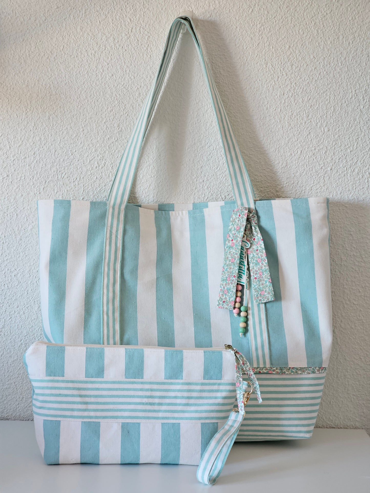 Bolsa XL para playa de loneta rayas y floral